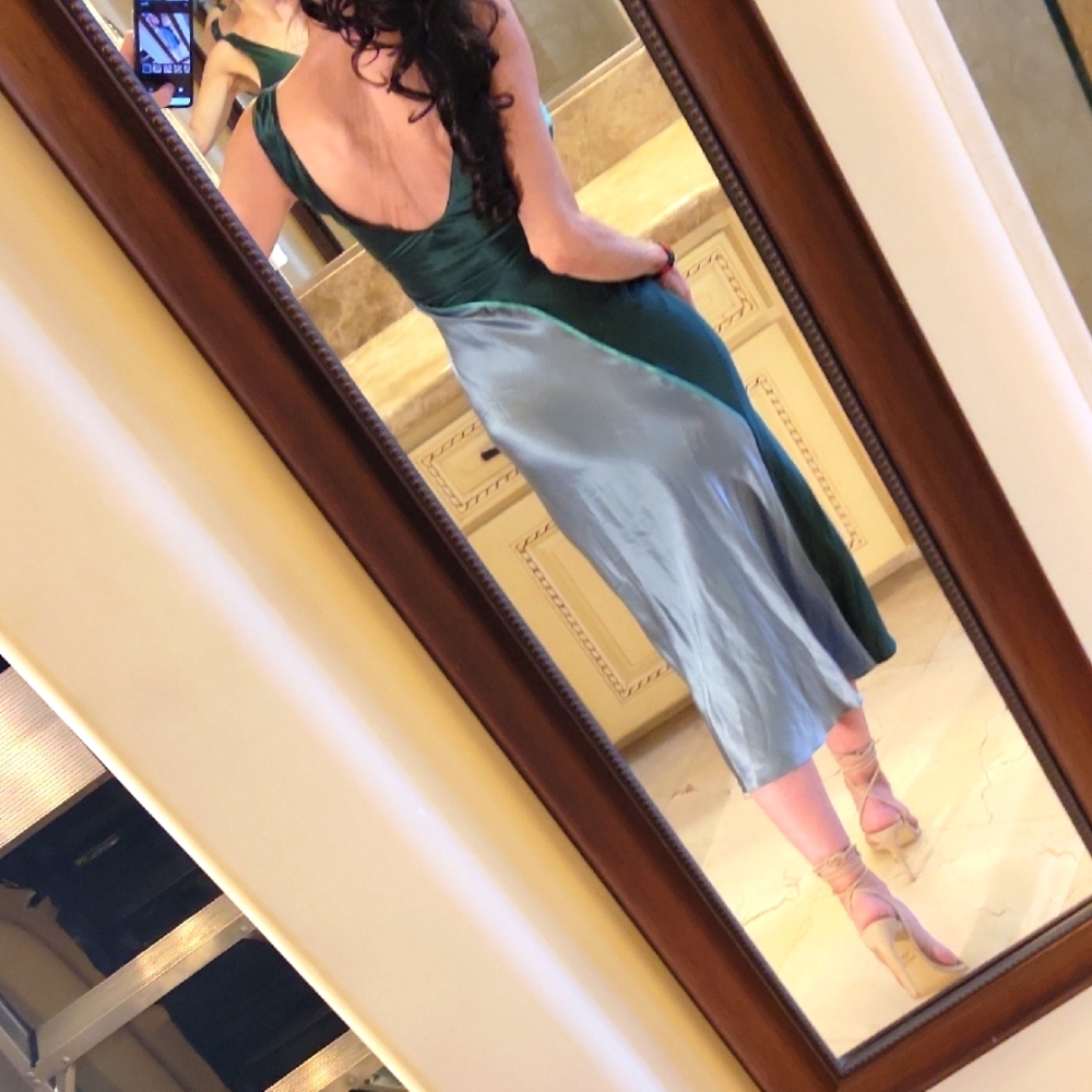 Lattelier 100% Silk Green/Gray  Sheath Midi Dress for Night Out w/ Front Slit, S - Picture 8 of 16